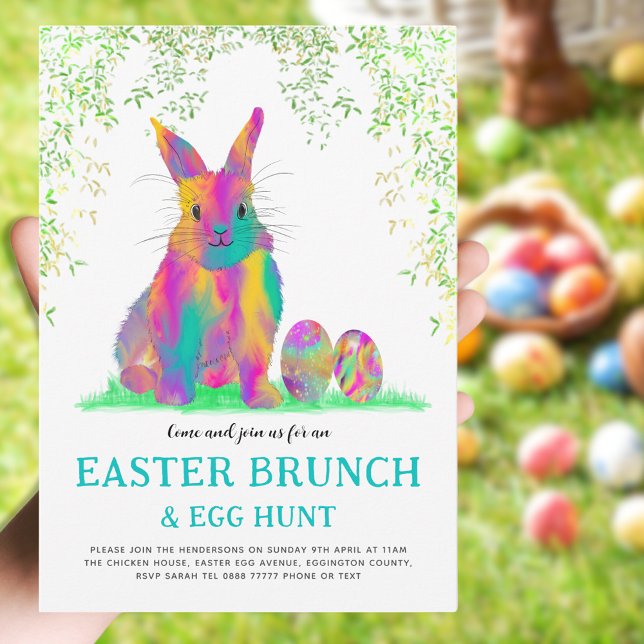Convite Caça aos Ovos de Páscoa Brunch de Primavera Coelhi (Easter brunch and egg hunt cute colorful Easter bunny invitation)