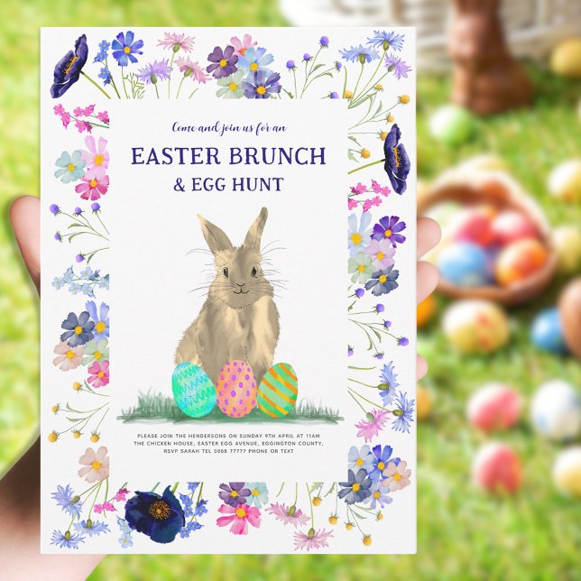 Convite Caça aos Ovos de Páscoa Brunch de Primavera Coelhi (Easter brunch and egg hunt cute bunny boho floral watercolor invitation blue purple pink green)