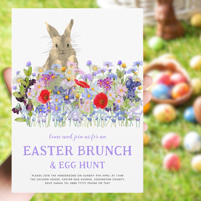 Convite Caça aos Ovos de Páscoa Brunch de Primavera Coelhi (Easter brunch egg hunt cute bunny floral watercolor invitation purple blue pink red green)