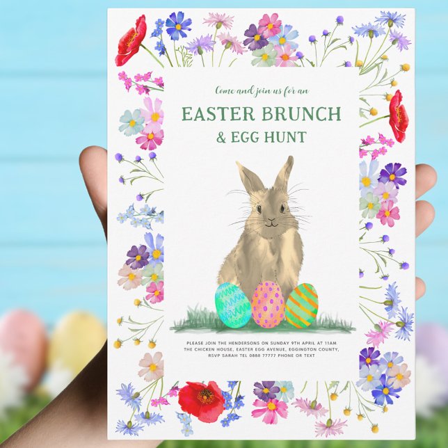 Convite Caça aos Ovos de Páscoa Brunch de Primavera Coelho (Easter brunch and egg hunt cute bunny colorful wildflower watercolor floral invitation )