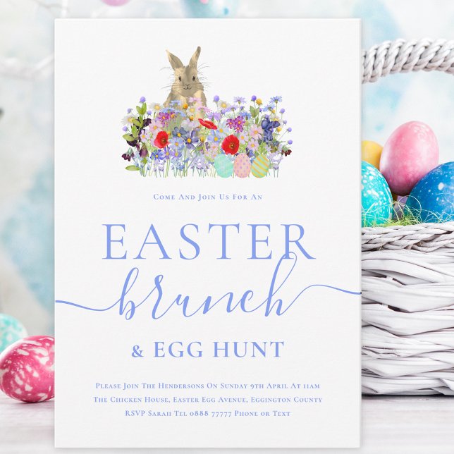 Convite Caça aos Ovos do Coelho da Páscoa e Flores Silvest (Easter brunch and egg hunt watercolor cute bunny wildflowers and eggs spring party invitation )