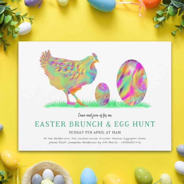 Convite Caça aos Ovos no Brunch de Páscoa Aquarela Frango (Easter brunch egg hunt cute colorful hen & eggs spring party invitation chicken lover scavenger hunt)