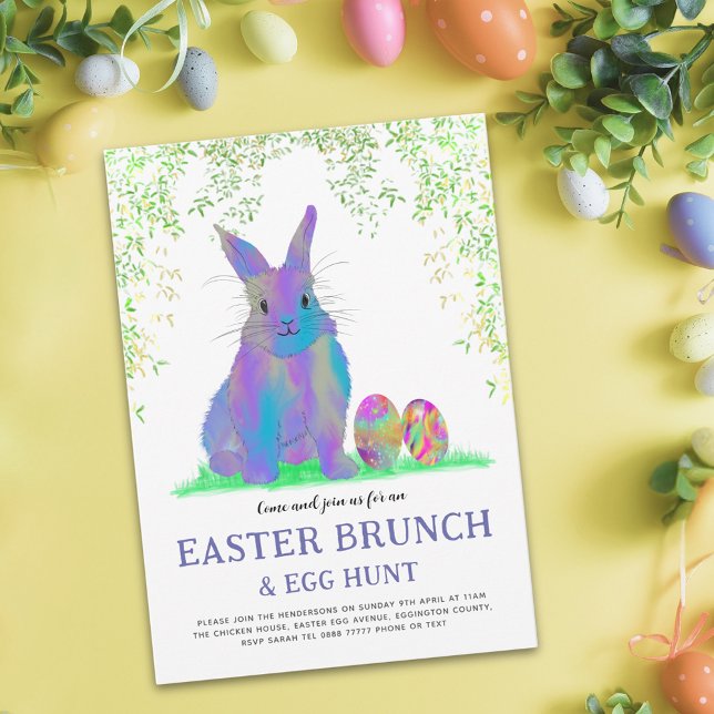 Convite Caça de Ovo de Coelho da Páscoa e Brunch (Easter egg hunt brunch cute purple bunny and eggs watercolor garden party invitation)