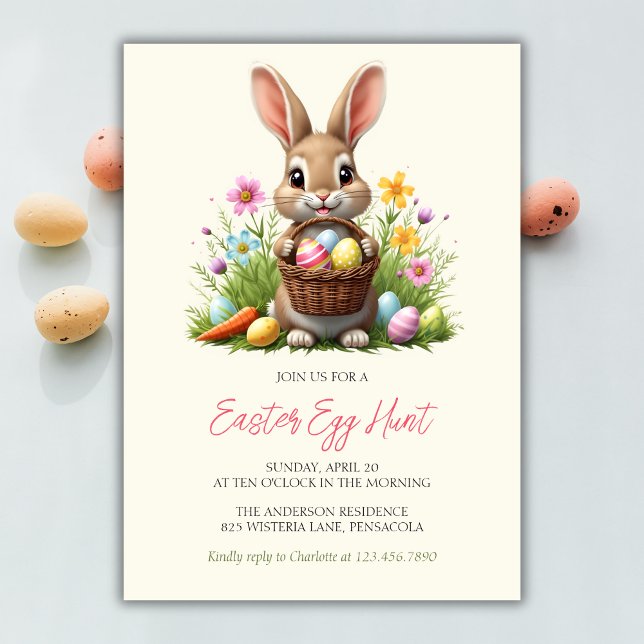 Convite Caça De Ovo De Páscoa Bela Coelhinha Quente (Whimsical Cute Bunny Rabbit Floral Easter Egg Hunt Invitation)