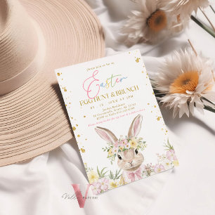 Convite Caça de Ovo de Páscoa Floral Dourada rosa e Bunny