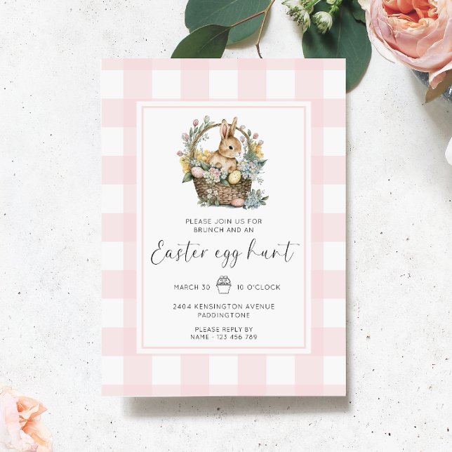 Convite Caça De Ovo De Páscoa Rosa Gingham Bunny (Easter Egg Hunt Invitation Gingham )