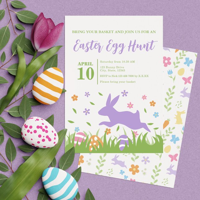 Convite Caça de Ovo de Páscoa Verde, Roxo Púrpura, Cuja Ca (Cute Purple Rabbit Green Floral Easter Egg Hunt Invitation)