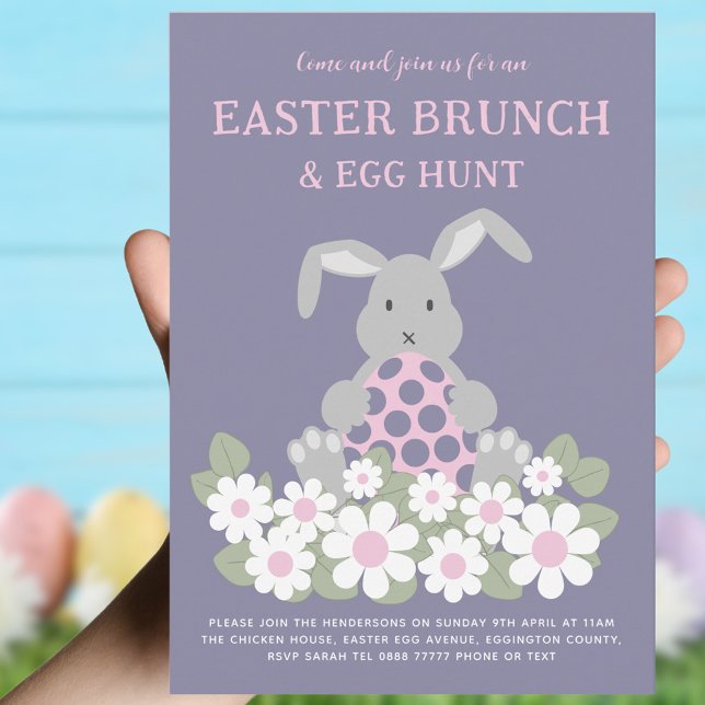 Convite Caça de Ovo e Floral Rosa Brunch (Easter brunch and egg hunt cute bunny floral pink and purple invitation)