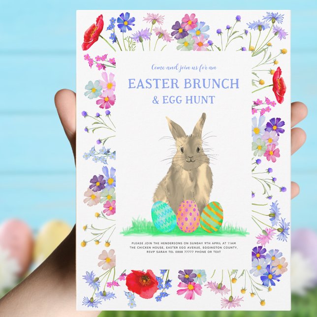 Convite Caça de Ovos e Brunch da Páscoa (Boho wildflower bunny Easter brunch and egg hunt invitation )
