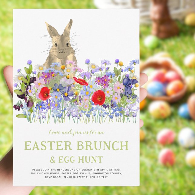 Convite Caça de Ovos e Brunfloral de Coelho da Páscoa (Easter brunch and egg hunt cute bunny floral watercolor spring party invitation )