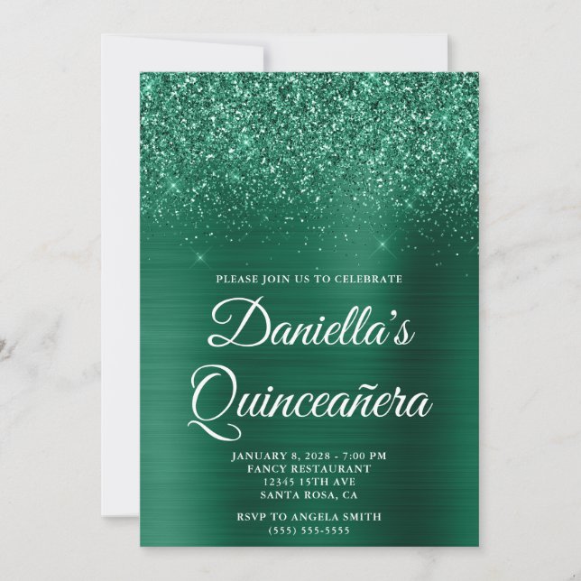 Convite Caça Verde Brilhante Quinceañera em Folha (Frente)