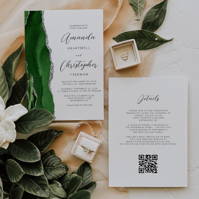 Convite Caça Verde Casamento Código QR em Ágata Prata (Criador carregado)