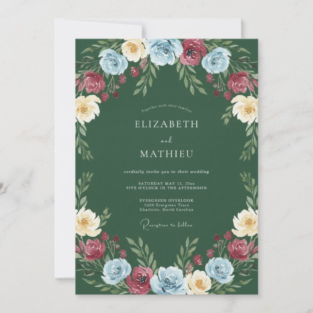 Convite Caça Verde Casamento Floral Multicolorido (Frente)
