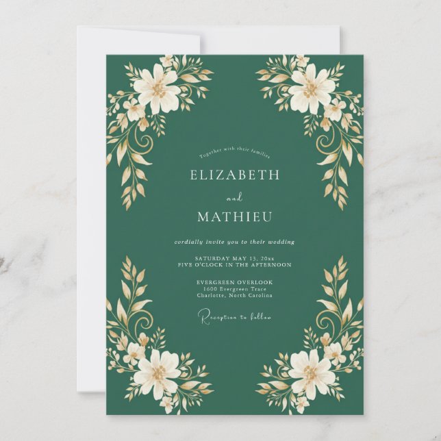 Convite Caça Verde Dourado Casamento Botânico (Frente)