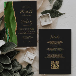 Convite Caça Verde Ouro Ágata Escuro Código QR Casamento