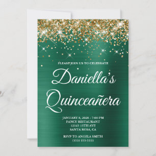 Convite Caçador de Glitter Dourado Verde Folha de Quinceañ
