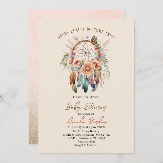 Convite Caçador de sonho de aquarela elegante e flores (Frente/Verso)