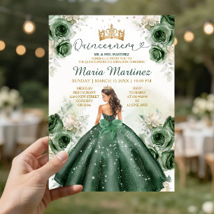 Convite Caçador Verde Floral Princesa Dourada Quiñceanera