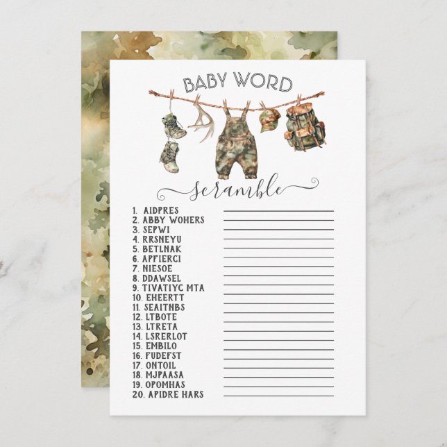 Convite Caçando Camo Clothesline Baby Word Scramble (Frente/Verso)