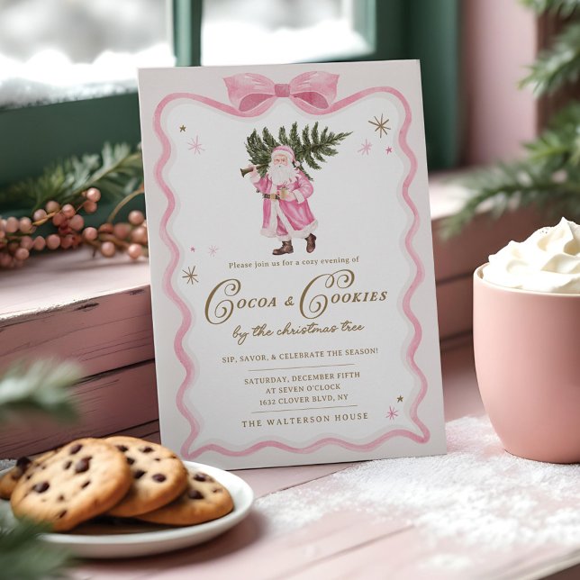 Convite Cacau e Biscoitos Festa de Natal Papais noeis Retr (Cocoa & Cookies Christmas Party Retro Pink Santa Invitation)