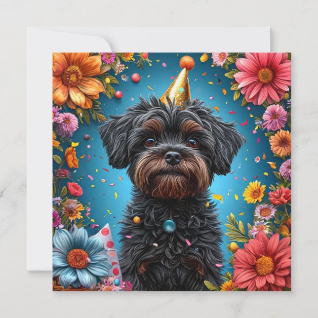 Convite Cachorrinho Adorável com Chapéu de Aniversário (Frente)