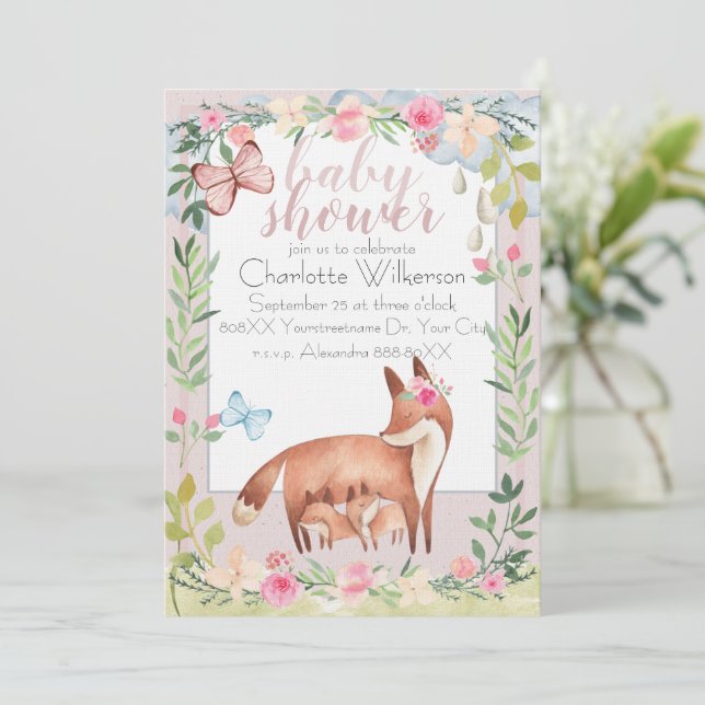 Convite Cachorro Bebê e Mãe Raposas Aquarela Jardim Floral (Em pé/Frente)