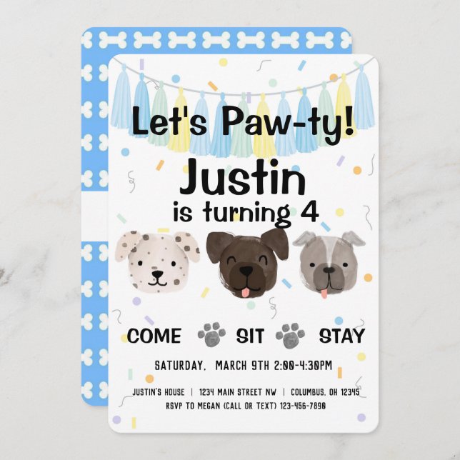 Convite Cachorro Cachorro Sexo Neutro ou Menino Pawty (Frente/Verso)