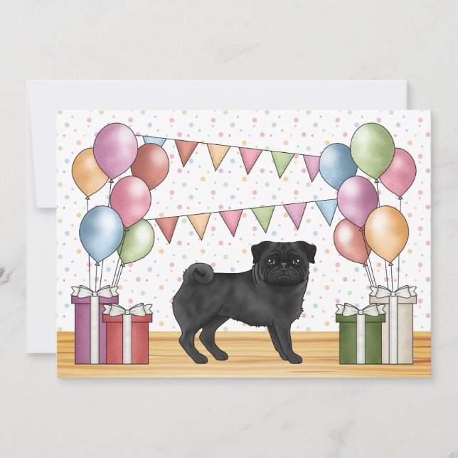 Convite Cachorro Cartoon Pug Preto Aniversário Pastéis Col (Frente)