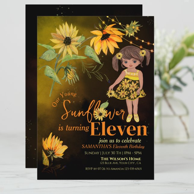 Convite Cachorro de Girassol Cachorro Negra (Cute Sunflower Watercolor Girl Black Birthday Invitation)