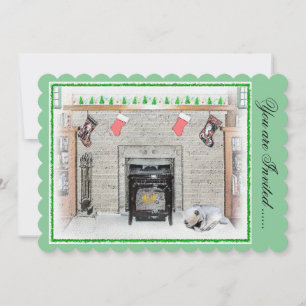 Convite Cachorro de Natal Keeshond ao lado da Lareira Pint