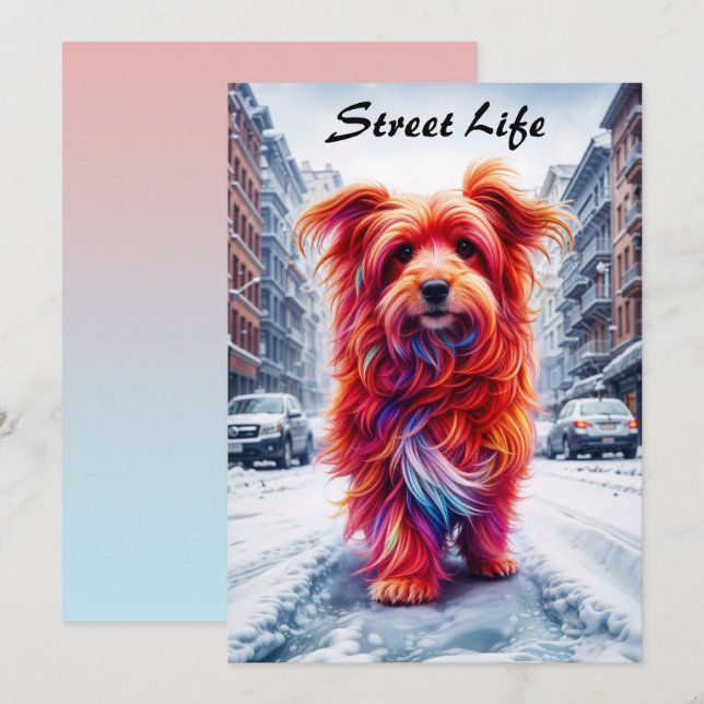 Convite Cachorro de rua adorável em uma paisagem gelada na (Frente/Verso)