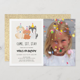 Convite Cachorro Dourado Glitter Birthday Pawty Foto