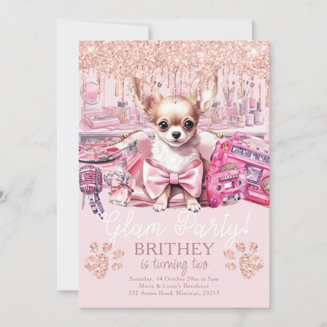 Convite Cachorro Elegante Glitter Glam Birthday (Frente)