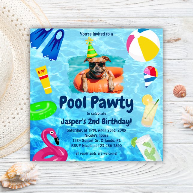 Convite Cachorro Festa de Piscina de Aniversário Puppy Paw (Dog Birthday Pool Party Puppy Pawty Invitation)