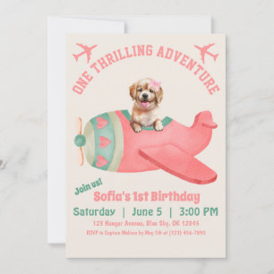 Convite Cachorro Fofo Voando Avião Rosa Aniversário Aquare