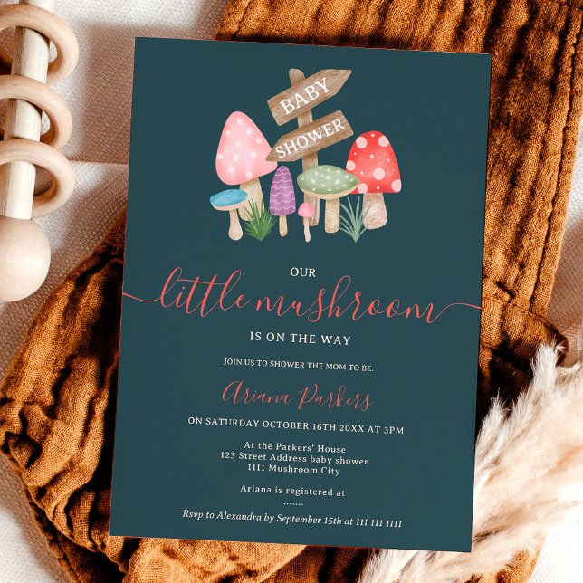 Convite Cachorro-peluche Cerrado Cerrado Cerrado Cerrado C (Cute fall fairy woodland mushrooms baby shower invitation on dark blue)