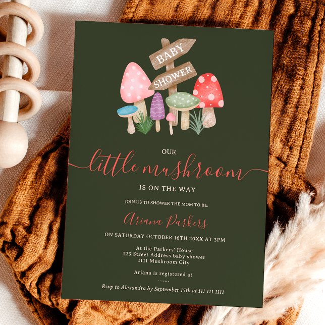 Convite Cachorro-peluche Cerrado Cerrado Cerrado Cerrado C (Cute fall fairy woodland mushrooms baby shower invitation on dark green)