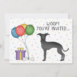 Convite Cachorro Preto da Raça Galgo Italiano Cartoon Aniv