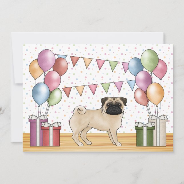 Convite Cachorro Pug Cartoon Colorido Pastéis Aniversário (Frente)