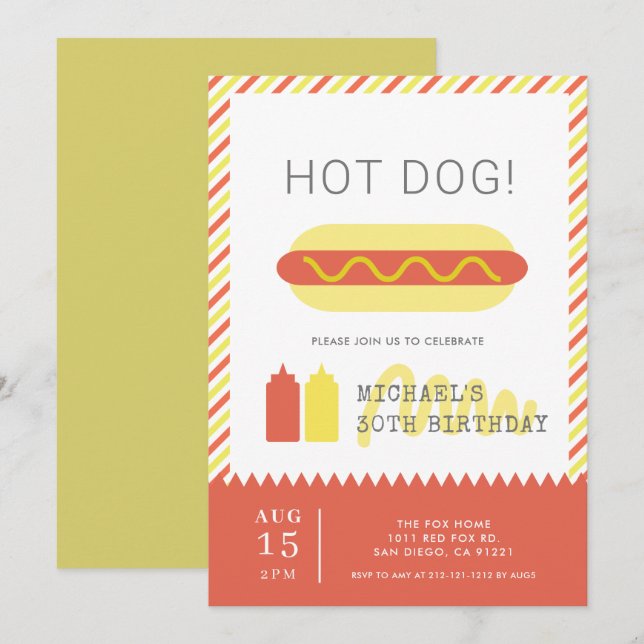 Convite CACHORRO QUENTE! Aniversário do Adulto Vermelho e  (Frente/Verso)