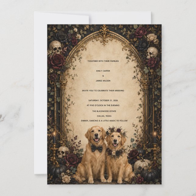 Convite Cachorro Retriever Dourado com Crânio Gótico Perso (Frente)