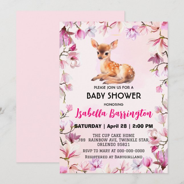 Convite Cachorro-rosa com flores silvestres chás de fralda (Frente/Verso)