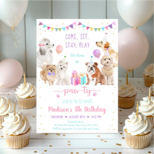 Convite Cachorro Rosa Dourado, Rosa, Pata-Pinto Aniversár