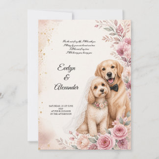 Convite Cachorros de Casamento Fofos com Floral de Aquarel