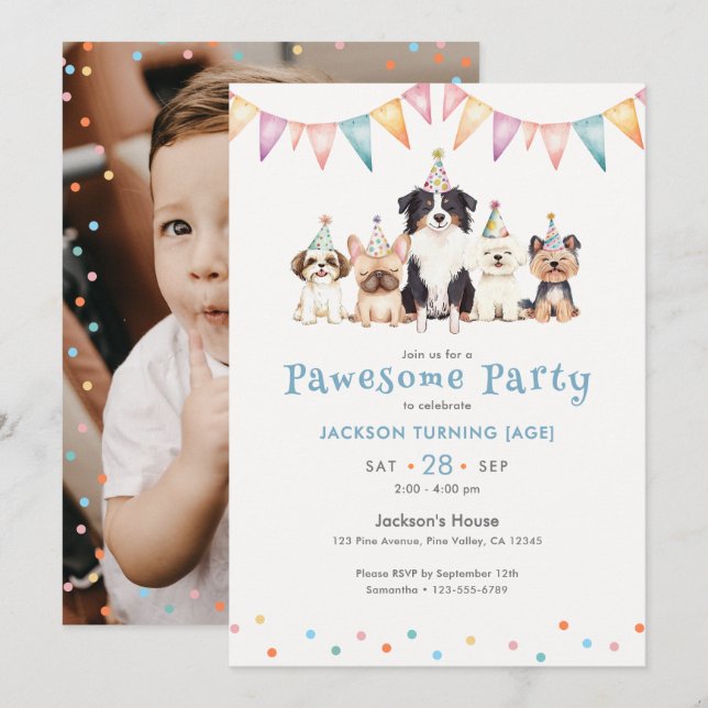 Convite Cachorros de Festa Incríveis Foto Personalizada pa (Frente/Verso)