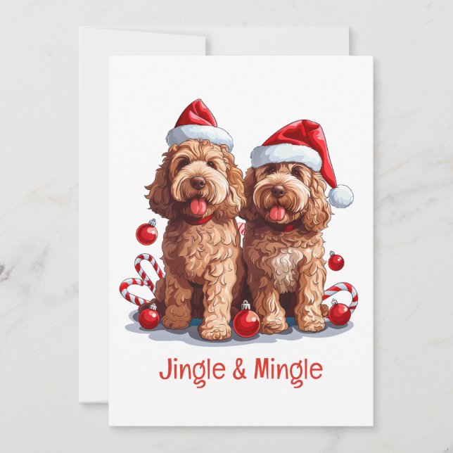 Convite Cachorros De Goldendoodle E De Natal (Frente)