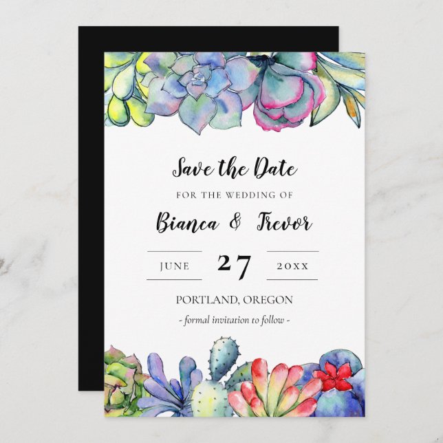 Convite Cacto aquarela bem-sucedida Salve a data (Frente/Verso)