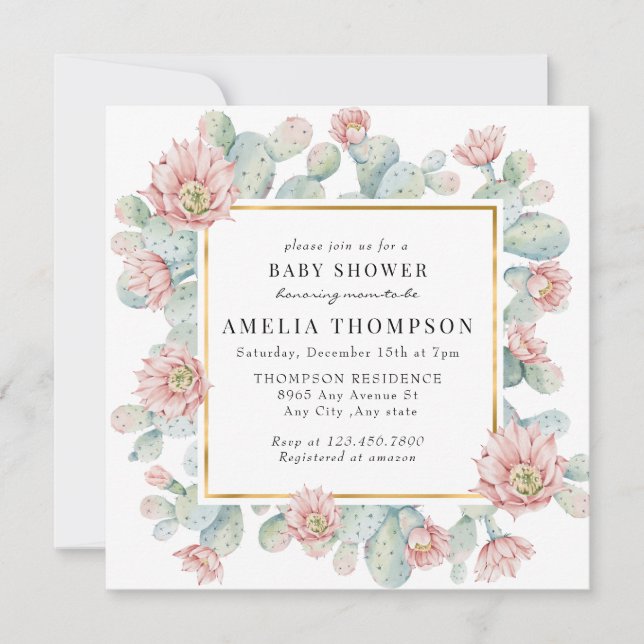 Convite Cacto | Chá de fraldas Rustic Boho (Frente)