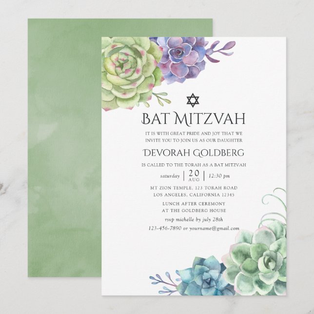 Convite Cacto de Aquarela Suculentas Bat Mitzvah (Frente/Verso)