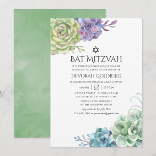 Convite Cacto de Aquarela Suculentas Bat Mitzvah